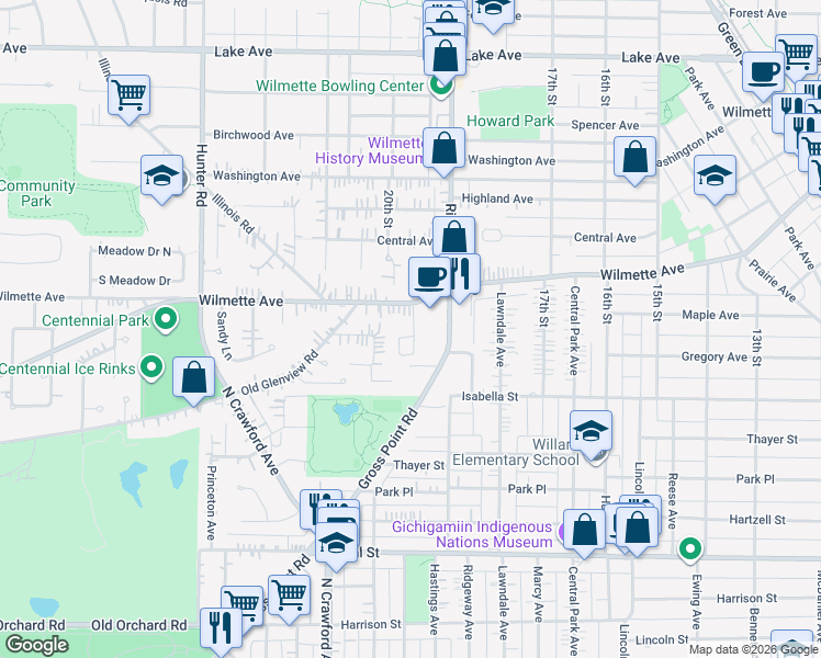 map of restaurants, bars, coffee shops, grocery stores, and more near 305 Pin Oak Drive in Wilmette