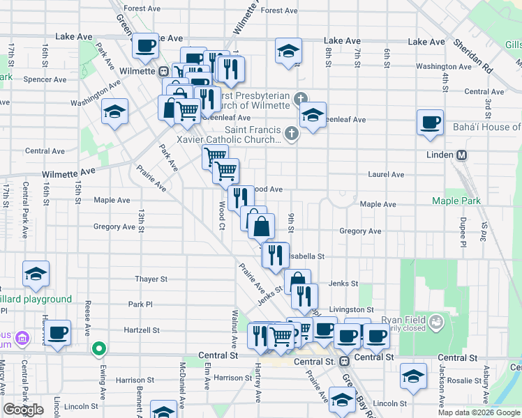 map of restaurants, bars, coffee shops, grocery stores, and more near 225 10th Street in Wilmette