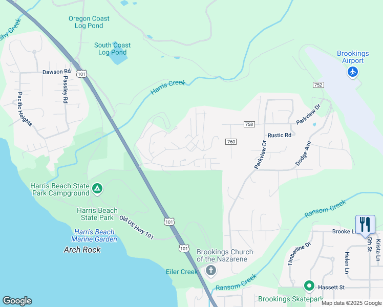 map of restaurants, bars, coffee shops, grocery stores, and more near 1410 Glenwood Drive in Brookings