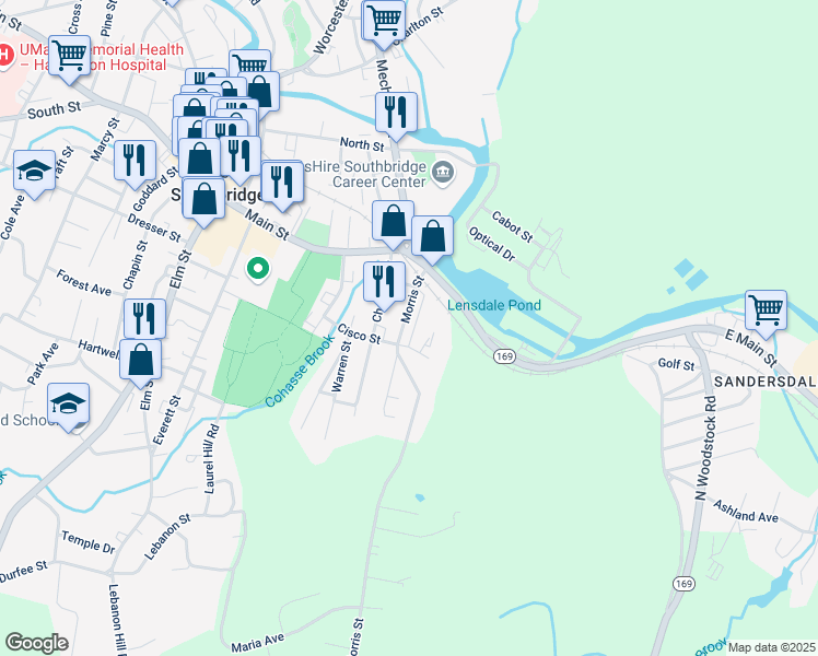 map of restaurants, bars, coffee shops, grocery stores, and more near 117 Cisco Street in Southbridge