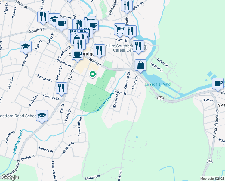 map of restaurants, bars, coffee shops, grocery stores, and more near 89 Coombs Street in Southbridge