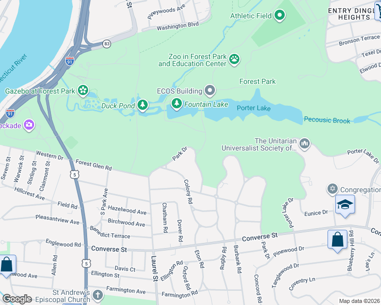map of restaurants, bars, coffee shops, grocery stores, and more near 150 Park Drive in Springfield