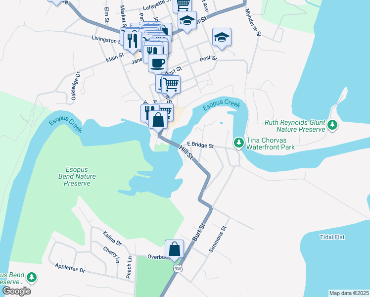 map of restaurants, bars, coffee shops, grocery stores, and more near 30 Hill Street in Saugerties