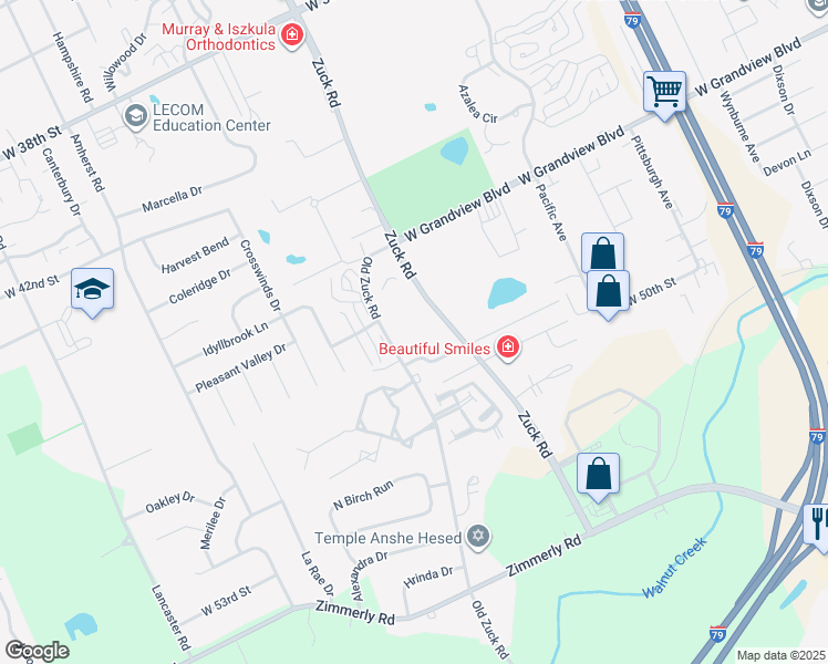 map of restaurants, bars, coffee shops, grocery stores, and more near 5005 Zuck Road in Erie