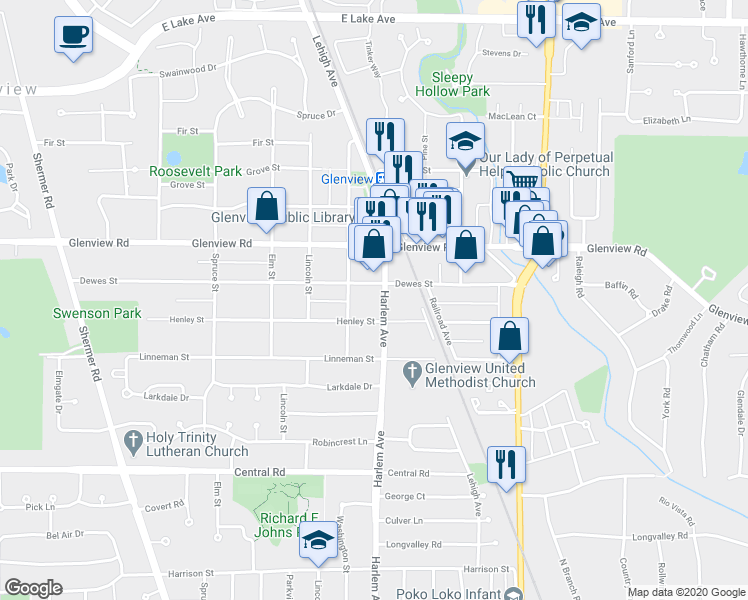 map of restaurants, bars, coffee shops, grocery stores, and more near in Glenview