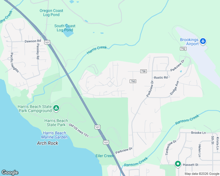 map of restaurants, bars, coffee shops, grocery stores, and more near 1410 Glenwood Drive in Brookings