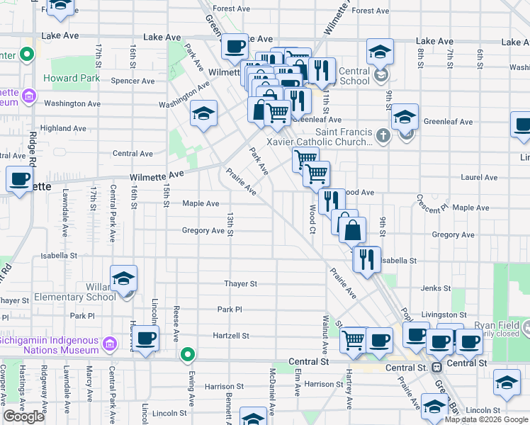 map of restaurants, bars, coffee shops, grocery stores, and more near 134 Park Avenue in Wilmette
