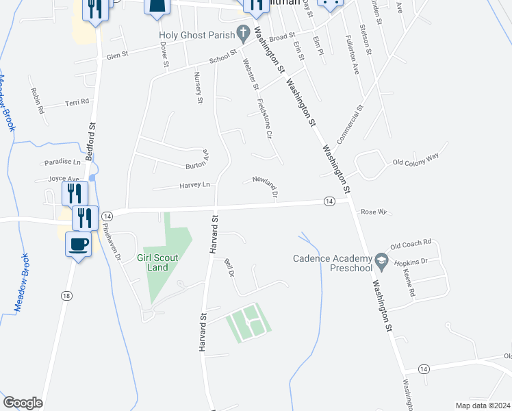 map of restaurants, bars, coffee shops, grocery stores, and more near 161 Auburn Street in Whitman