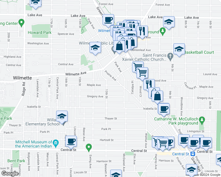 map of restaurants, bars, coffee shops, grocery stores, and more near 1241 Maple Avenue in Wilmette