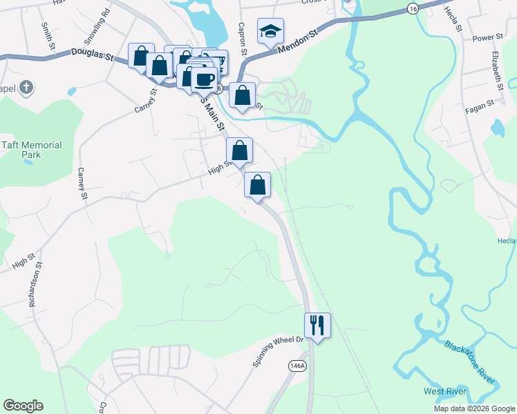 map of restaurants, bars, coffee shops, grocery stores, and more near 111 South Main Street in Uxbridge