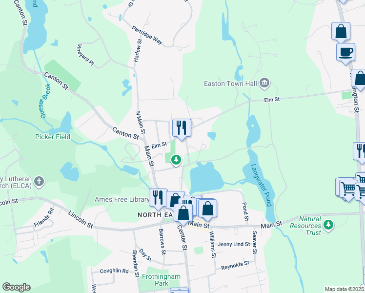 map of restaurants, bars, coffee shops, grocery stores, and more near 50 Oliver Street in Easton