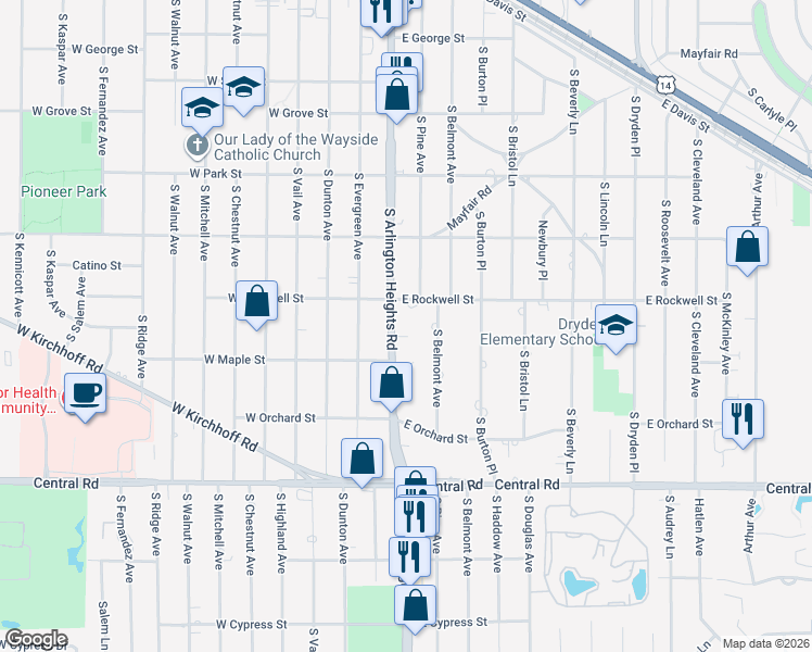 map of restaurants, bars, coffee shops, grocery stores, and more near 727 South Arlington Heights Road in Arlington Heights