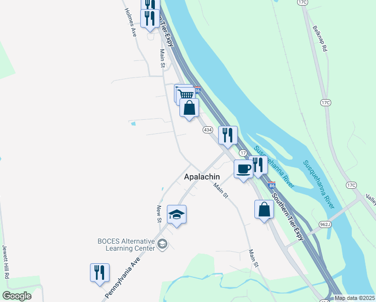 map of restaurants, bars, coffee shops, grocery stores, and more near 466 Main St in Apalachin