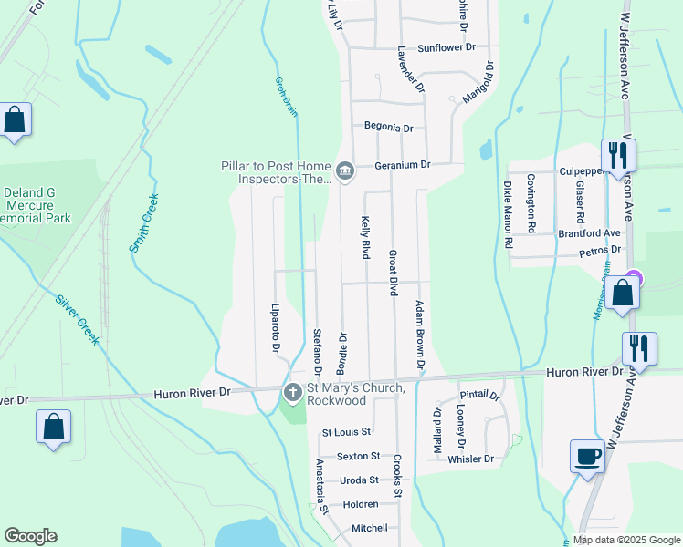 map of restaurants, bars, coffee shops, grocery stores, and more near 32431 Adam Brown Drive in Brownstown Charter Township