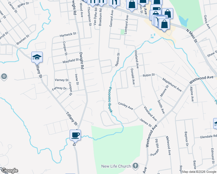 map of restaurants, bars, coffee shops, grocery stores, and more near 53 Avery Street in East Longmeadow