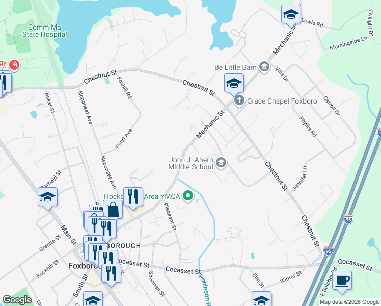 map of restaurants, bars, coffee shops, grocery stores, and more near 83 Mechanic Street in Foxborough
