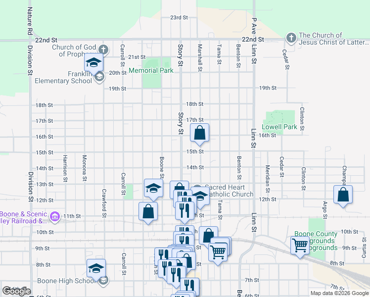 map of restaurants, bars, coffee shops, grocery stores, and more near 1415 Story Street in Boone