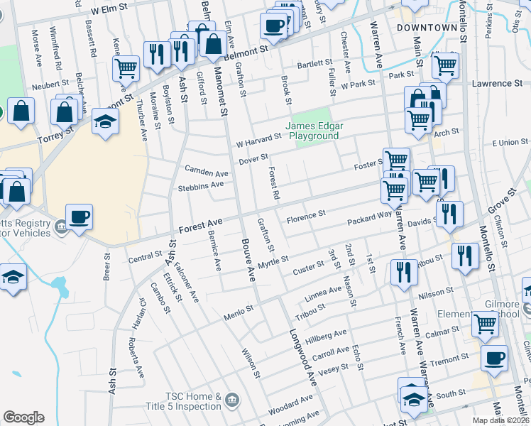 map of restaurants, bars, coffee shops, grocery stores, and more near 223 Grafton Street in Brockton