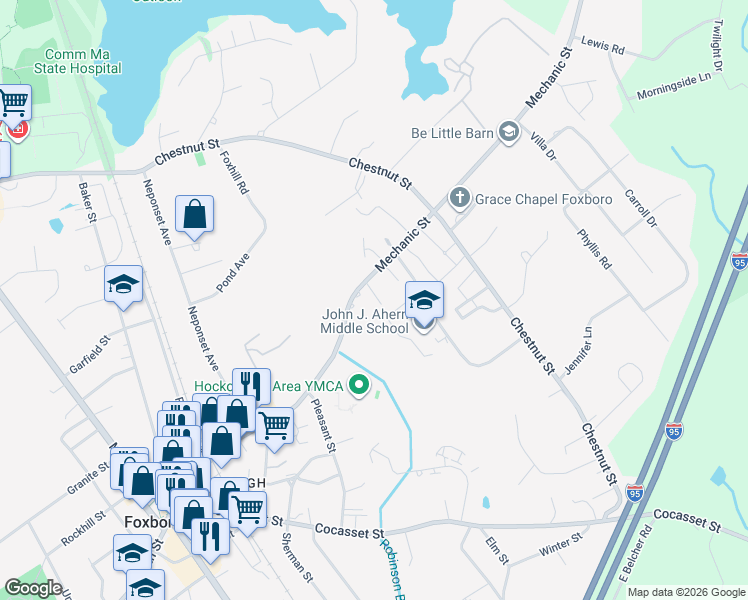 map of restaurants, bars, coffee shops, grocery stores, and more near 83 Mechanic Street in Foxborough