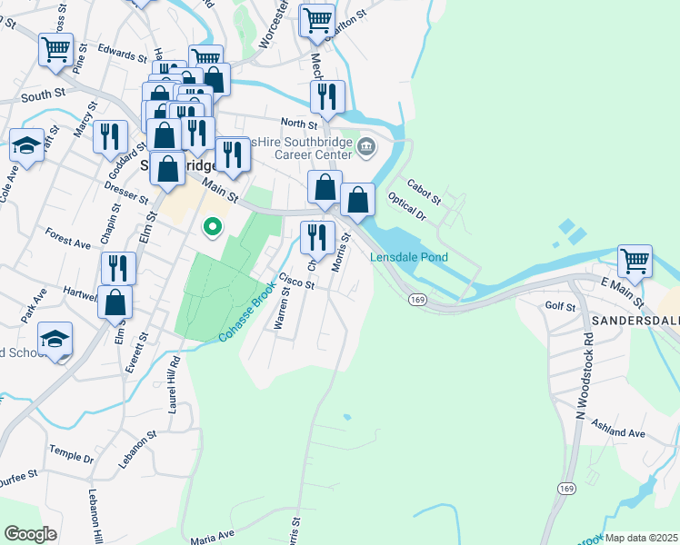 map of restaurants, bars, coffee shops, grocery stores, and more near 117 Cisco Street in Southbridge