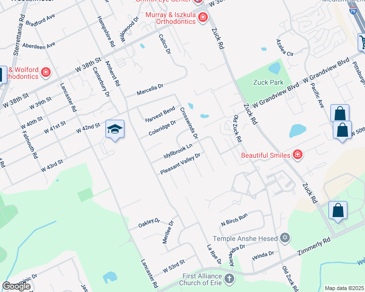 map of restaurants, bars, coffee shops, grocery stores, and more near 2932 Pleasant Valley Drive in Erie