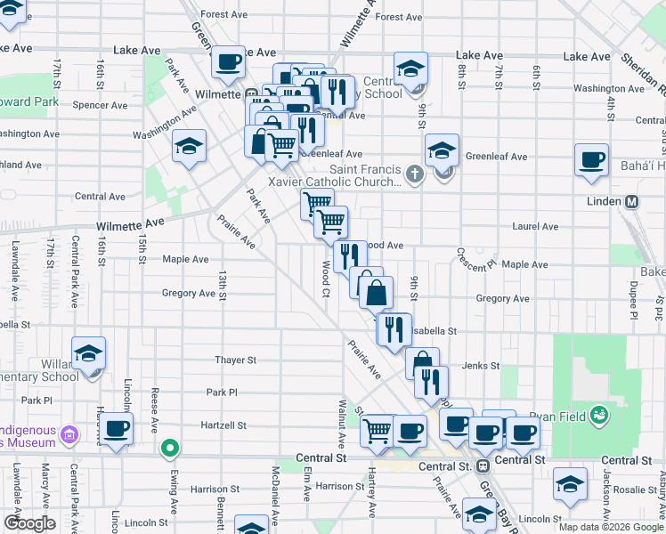 map of restaurants, bars, coffee shops, grocery stores, and more near 228 Wood Court in Wilmette