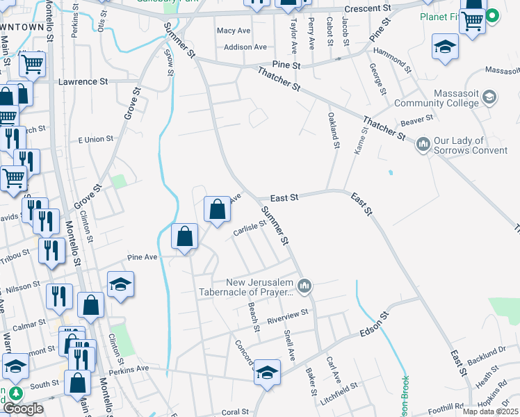 map of restaurants, bars, coffee shops, grocery stores, and more near 279 Summer Street in Brockton