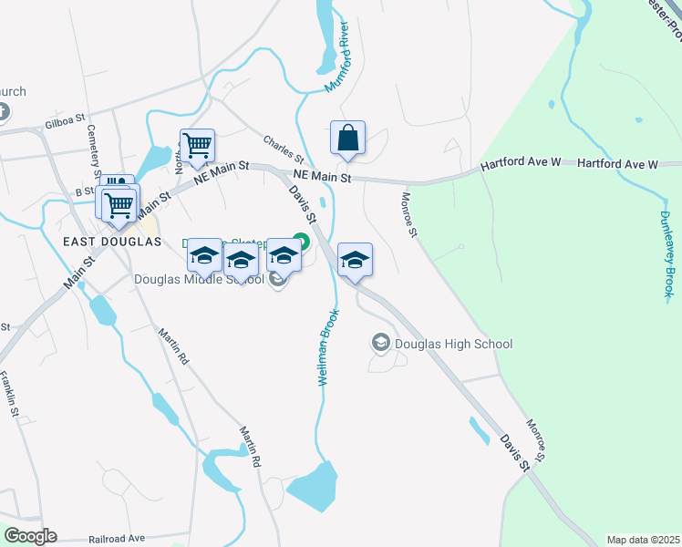 map of restaurants, bars, coffee shops, grocery stores, and more near 23 Davis Street in Douglas