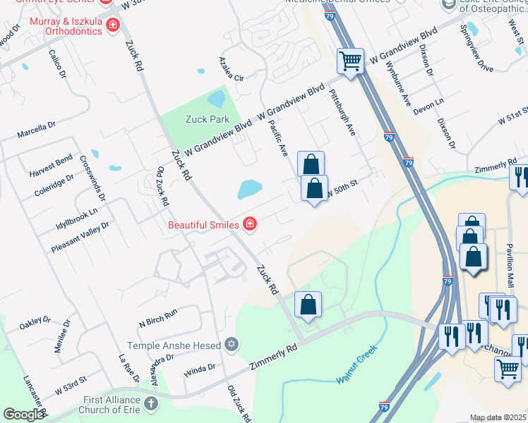 map of restaurants, bars, coffee shops, grocery stores, and more near 5005 Zuck Road in Erie