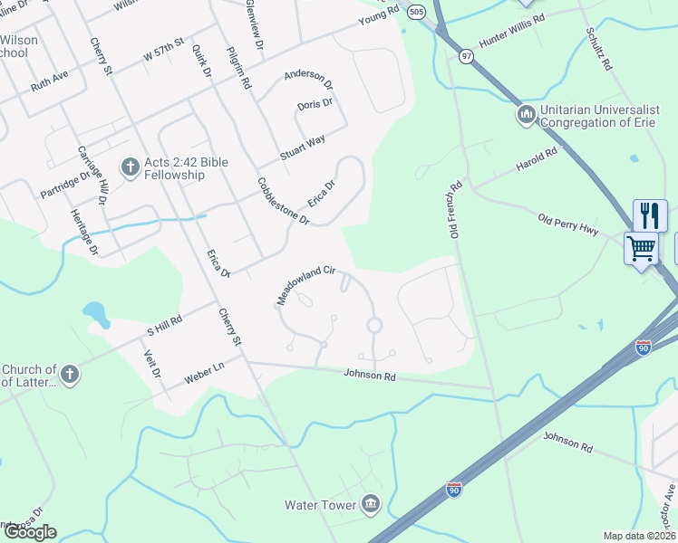 map of restaurants, bars, coffee shops, grocery stores, and more near 6215 Hayfield Circle in Erie