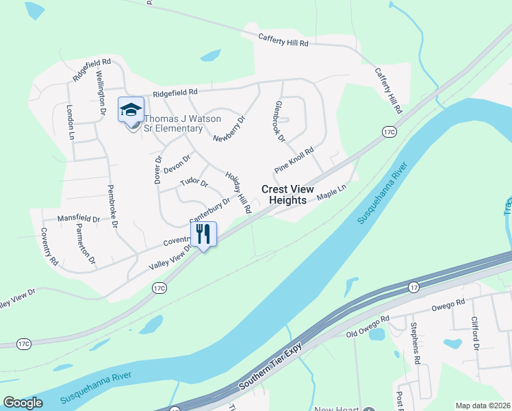 map of restaurants, bars, coffee shops, grocery stores, and more near 4 Holiday Hill Road in Endicott