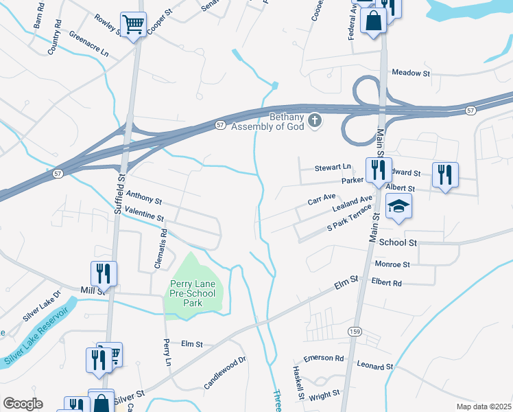 map of restaurants, bars, coffee shops, grocery stores, and more near 99 Mardale Avenue in Agawam