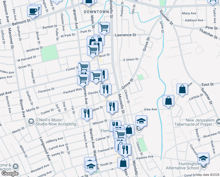 map of restaurants, bars, coffee shops, grocery stores, and more near 9 Grove Street in Brockton