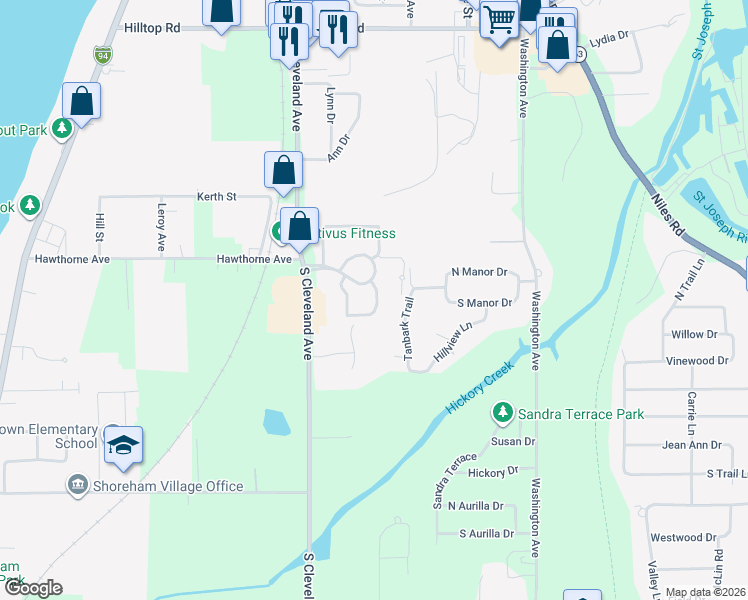 map of restaurants, bars, coffee shops, grocery stores, and more near 2616 Tanbark Trail in St. Joseph