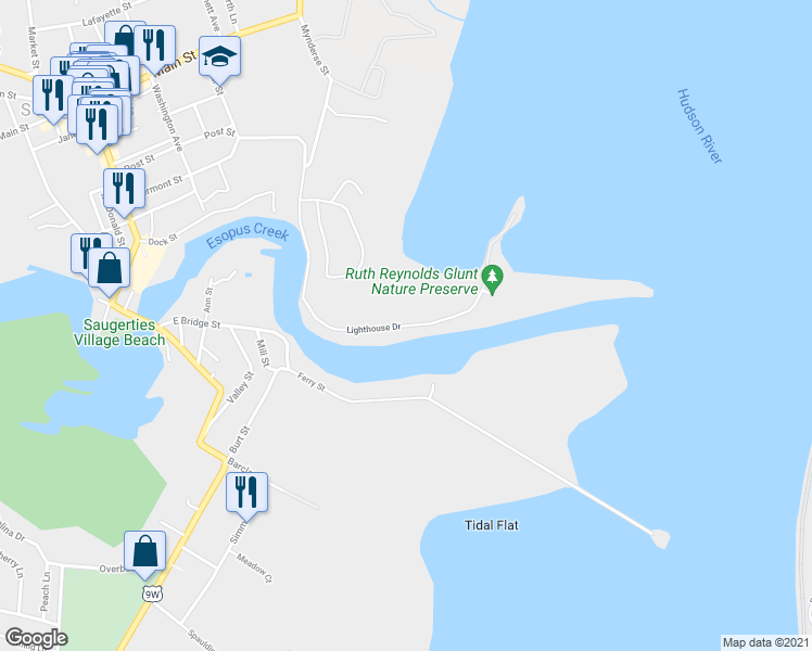 map of restaurants, bars, coffee shops, grocery stores, and more near 125 Lighthouse Drive in Saugerties