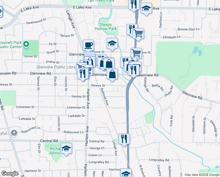 map of restaurants, bars, coffee shops, grocery stores, and more near 1759 Dewes Street in Glenview