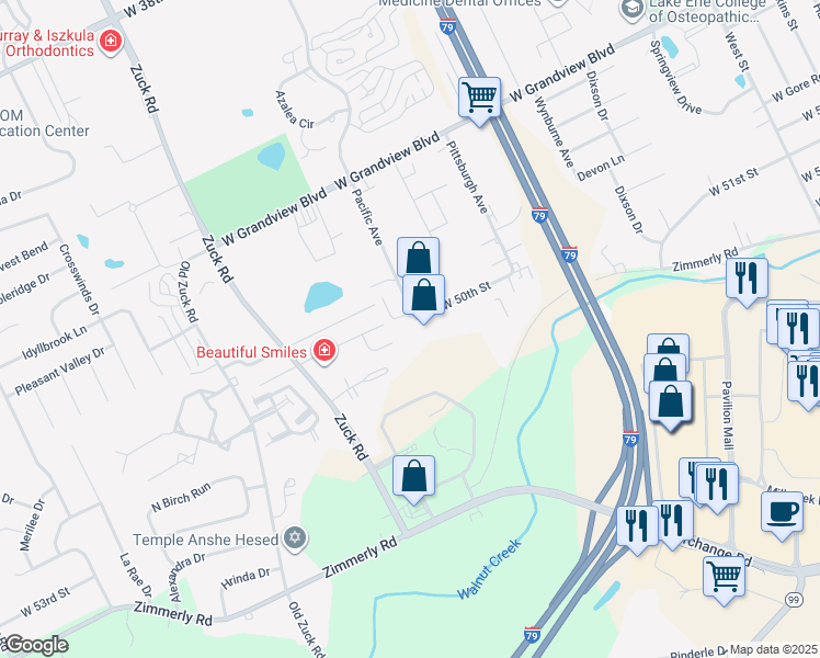 map of restaurants, bars, coffee shops, grocery stores, and more near 5000 Pacific Avenue in Erie