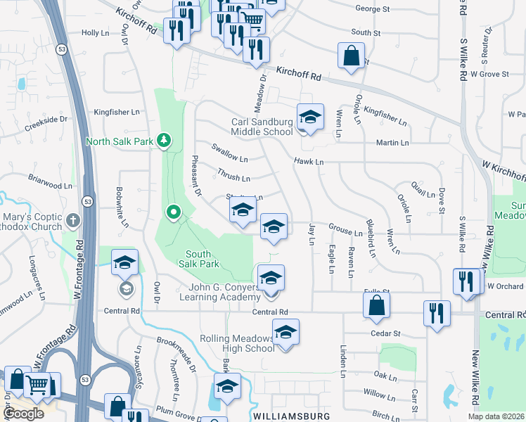 map of restaurants, bars, coffee shops, grocery stores, and more near 2900 Starling Lane in Rolling Meadows