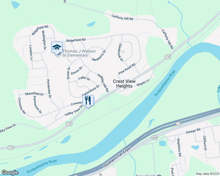 map of restaurants, bars, coffee shops, grocery stores, and more near 4 Holiday Hill Road in Endicott