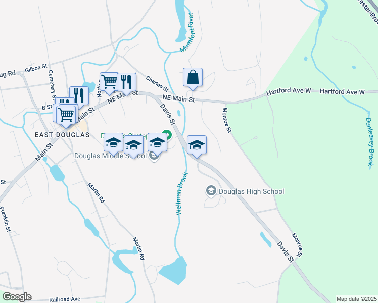map of restaurants, bars, coffee shops, grocery stores, and more near 23 Davis Street in Douglas
