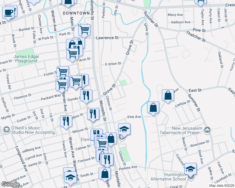 map of restaurants, bars, coffee shops, grocery stores, and more near 32 Spring Avenue in Brockton