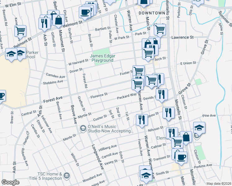 map of restaurants, bars, coffee shops, grocery stores, and more near 138 Forest Avenue in Brockton