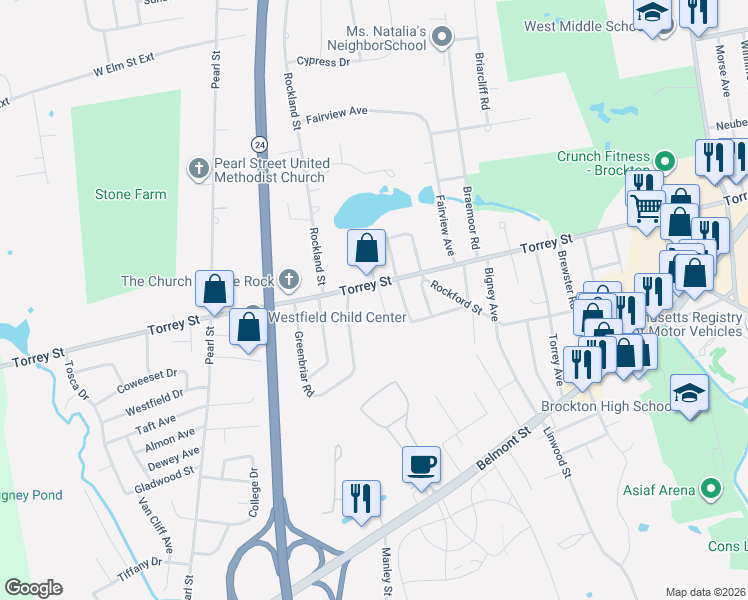 map of restaurants, bars, coffee shops, grocery stores, and more near 343 Torrey Street in Brockton