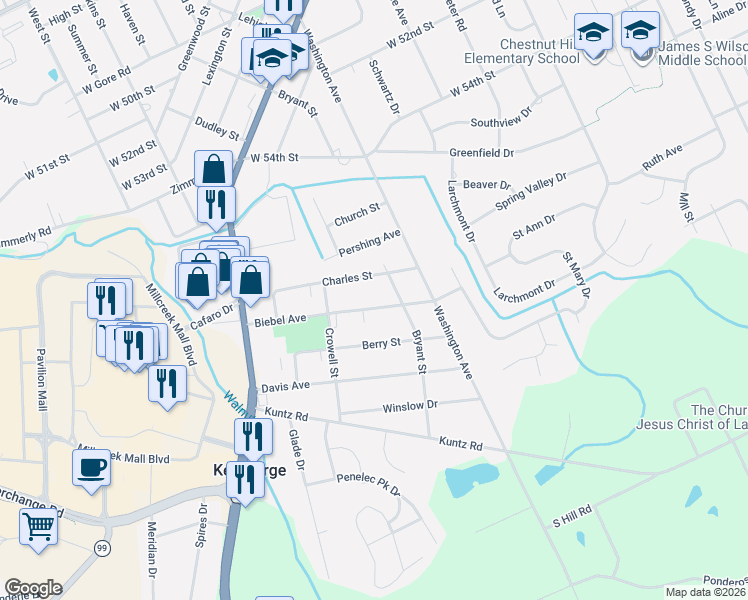 map of restaurants, bars, coffee shops, grocery stores, and more near 1623 Charles St in Erie