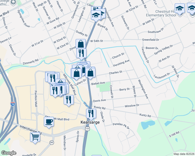 map of restaurants, bars, coffee shops, grocery stores, and more near 1738 Charles Street in Erie