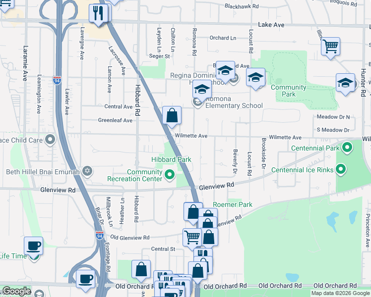 map of restaurants, bars, coffee shops, grocery stores, and more near 2901 Wilmette Avenue in Wilmette