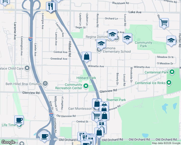 map of restaurants, bars, coffee shops, grocery stores, and more near 444 Skokie Boulevard in Wilmette