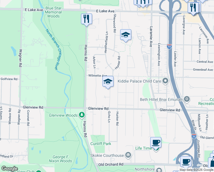 map of restaurants, bars, coffee shops, grocery stores, and more near 936 Echo Lane in Glenview