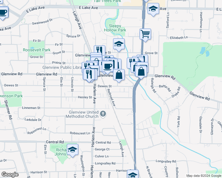 map of restaurants, bars, coffee shops, grocery stores, and more near 950 Church Street in Glenview