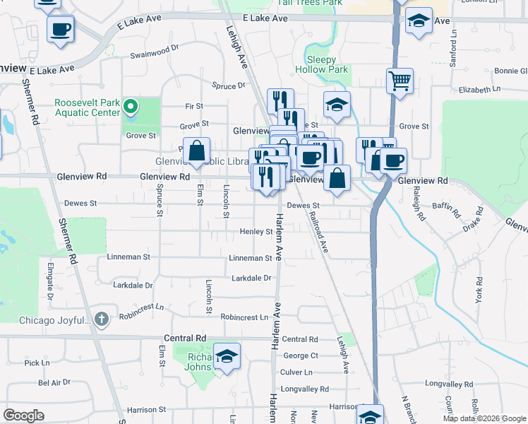 map of restaurants, bars, coffee shops, grocery stores, and more near 935 Washington Street in Glenview